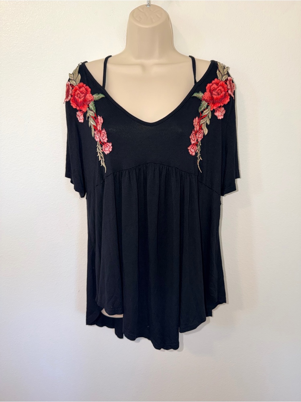Black V-Neck Women's Top with Red Rose Embroidery